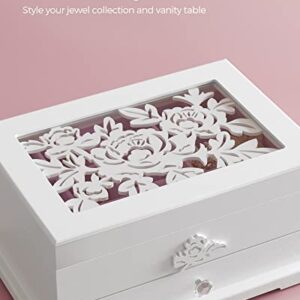 SONGMICS Jewelry Box, 2-Tier Jewelry Organizer with Flower Carvings, Drawer, Gift for Loved Ones, Kids, Jewelry Storage Case for Rings, Earrings, Necklaces, Bracelets, White UJOW201