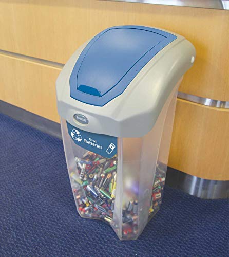 Glasdon Nexus 8G C-Thru Battery Recycling Bin (Transparent, Blue Sticker)– 8-Gallon Battery Disposal Container with Clear Polycarbonate Exterior – Small Battery Recycling Container