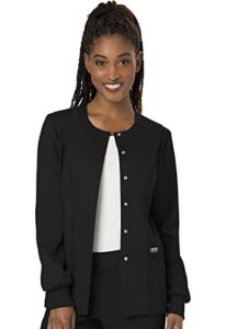 cherokee snap front scrub jackets for women, workwear revolution soft stretch ww310, m, black