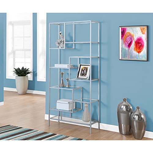 Hawthorne Ave Bookcase - 72H / Silver Metal with Tempered Glass