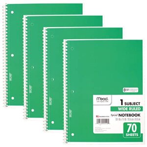 Mead Spiral Notebooks, 1 Subject, Wide Ruled Paper, 70 Sheets, 10-1/2 x 7-1/2 inches, Green, 4 Pack (38300)