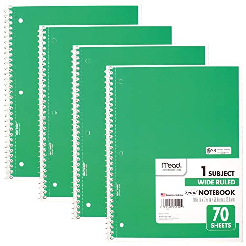 Mead Spiral Notebooks, 1 Subject, Wide Ruled Paper, 70 Sheets, 10-1/2 x 7-1/2 inches, Green, 4 Pack (38300)
