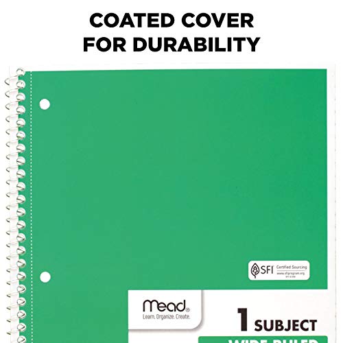 Mead Spiral Notebooks, 1 Subject, Wide Ruled Paper, 70 Sheets, 10-1/2 x 7-1/2 inches, Green, 4 Pack (38300)