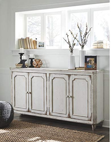 Signature Design by Ashley Mirimyn Distressed 4-Door Accent Cabinet or TV Stand, Antique White