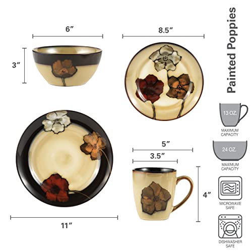 Pfaltzgraff Painted Poppies 16-Piece Stoneware Dinnerware Set, Service for 4, Tan/Assorted -