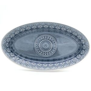 euro ceramica fez serving platter, 14" oval, teardrop mandala design, grey
