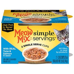 meow mix simple servings wet cat food, tuna & salmon in sauce, 1.3 ounce cup (pack of 24)