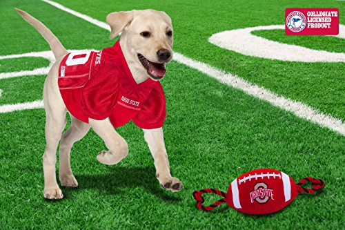 Pets First NCAA Ohio State Buckeyes Football Dog Toy, Tough Quality Nylon Materials, Strong Pull Ropes, Inner Squeaker, Collegiate Team Color (OH-3121)