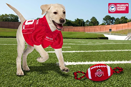 Pets First NCAA Ohio State Buckeyes Football Dog Toy, Tough Quality Nylon Materials, Strong Pull Ropes, Inner Squeaker, Collegiate Team Color (OH-3121)