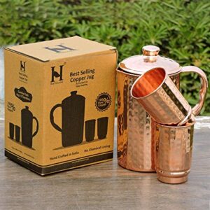 HealthGoodsIn - Pure Copper Hammered Water Jug with 2 Hammered Copper Tumblers | Copper Pitcher and Tumblers for Ayurveda Health Benefits