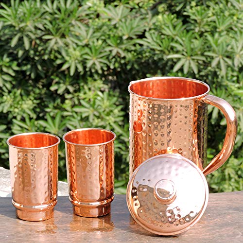 HealthGoodsIn - Pure Copper Hammered Water Jug with 2 Hammered Copper Tumblers | Copper Pitcher and Tumblers for Ayurveda Health Benefits