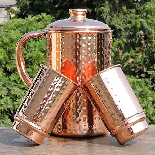 HealthGoodsIn - Pure Copper Hammered Water Jug with 2 Hammered Copper Tumblers | Copper Pitcher and Tumblers for Ayurveda Health Benefits