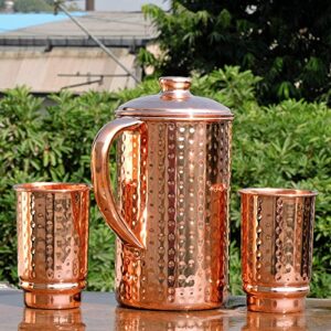 HealthGoodsIn - Pure Copper Hammered Water Jug with 2 Hammered Copper Tumblers | Copper Pitcher and Tumblers for Ayurveda Health Benefits