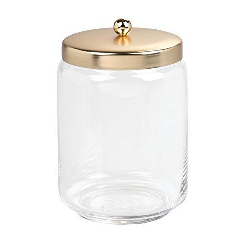 InterDesign Forma Bathroom Vanity Glass Apothecary Jar for Cotton Balls, Swabs, Cosmetics - Clear/Brass