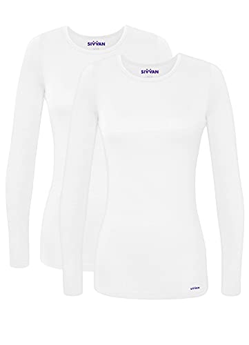 Sivvan Scrubs for Women - Long Sleeve Comfort Underscrub Tee 2-Pack - S85002 - White - M