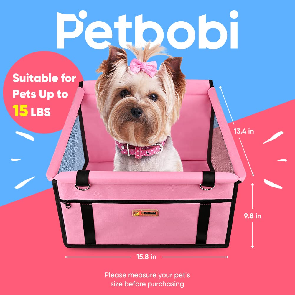 Petbobi Pet Reinforce Car Booster Seat for Dog Cat Portable and Breathable Bag with Seat Belt Dog Carrier Safety Stable for Travel Look Out,with Clip on Leash with PVC Tube, Pink