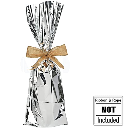 MT Products Metallic Mylar Wine Silver Gift Bags for Bottles Sparkle Look - Great for a Wine Pull - (25 Pieces) (Ribbon and Rope Not Included)