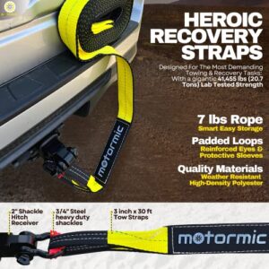 Motormic Recovery Tow Strap 3" x 30ft - Lab Tested 31,924 lb Break Strength - Triple Reinforced Loop Straps - Emergency Off Road Towing Rope