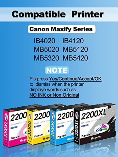 2200XL Ink Cartridges of Kingway Compatible for Canon PGI 2200XL PGI-2200 PGI-2200 XLwork with Maxify MB5320 MB5420 MB5120 MB5020 iB4120 iB4020 Printer (Black, Cyan, Magenta, Yellow) 4 Pack