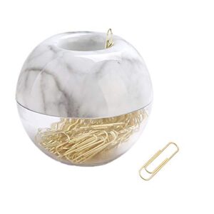 100pcs 28mm gold paper clips medium in white marble paper clips holder dispenser round paperclips storage case for office desk organizer accessories (marble)