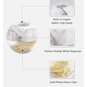 100pcs 28mm Gold Paper Clips Medium in White Marble Paper Clips Holder Dispenser Round Paperclips Storage Case for Office Desk Organizer Accessories (Marble)