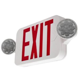 LFI Lights | Combo Red Exit Sign with Emergency Lights | White Housing | All LED | Two Adjustable Round Heads | Hardwired with Battery Backup | UL Listed | (2 Pack) | COMBOJR2-R