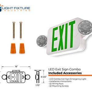 LFI Lights | Combo Green Exit Sign with Emergency Lights | White Housing | All LED | Two Adjustable Round Heads | Hardwired with Battery Backup | UL Listed | (2 Pack) | COMBOJR2-G