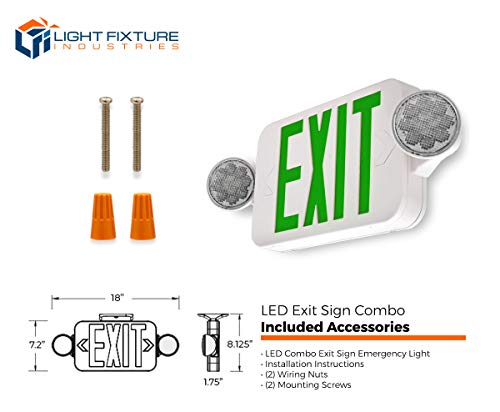 LFI Lights | Combo Green Exit Sign with Emergency Lights | White Housing | All LED | Two Adjustable Round Heads | Hardwired with Battery Backup | UL Listed | (2 Pack) | COMBOJR2-G