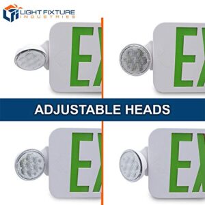 LFI Lights | Combo Green Exit Sign with Emergency Lights | White Housing | All LED | Two Adjustable Round Heads | Hardwired with Battery Backup | UL Listed | (2 Pack) | COMBOJR2-G