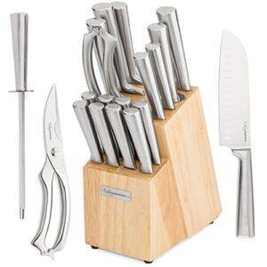 knife block set - 17 pieces - includes solid wood block, 6 stainless steel kitchen knives, set of 8 serrated steak knives, heavy duty poultry shears, and a carbon steel sharpening rod
