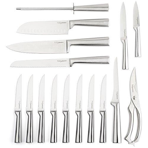 Knife Block Set - 17 Pieces - Includes Solid Wood Block, 6 Stainless Steel Kitchen Knives, Set of 8 Serrated Steak Knives, Heavy Duty Poultry Shears, and a Carbon Steel Sharpening Rod