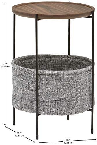 Amazon Brand – Rivet Meeks Round Side Table with Fabric Storage Basket, 24"H, Walnut and Grey