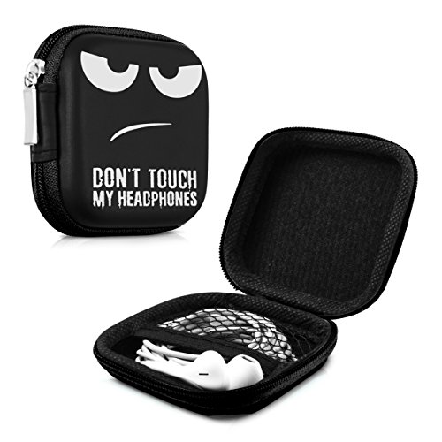 kwmobile Carrying Case for Earphones - Square Design with Zipper for in-Ear Headphones Earbuds - White/Black/Black, Don't Touch My Headphones