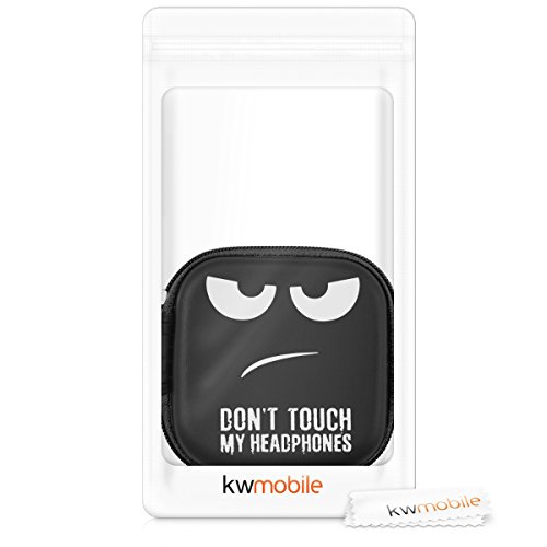 kwmobile Carrying Case for Earphones - Square Design with Zipper for in-Ear Headphones Earbuds - White/Black/Black, Don't Touch My Headphones