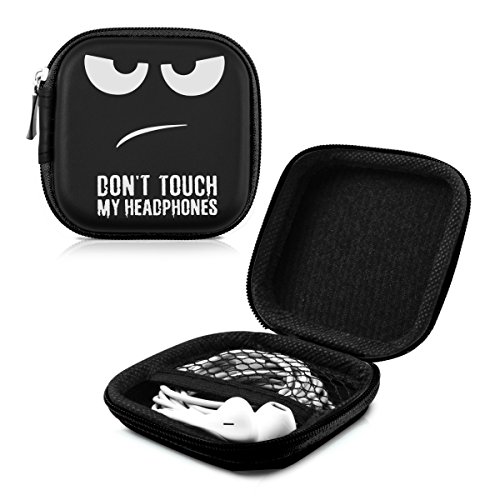 kwmobile Carrying Case for Earphones - Square Design with Zipper for in-Ear Headphones Earbuds - White/Black/Black, Don't Touch My Headphones