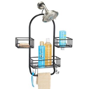 mdesign modern metal wire bathroom tub & shower caddy, hanging storage organizer center - 2 wash cloth/razor hooks, 3 baskets - for bathroom shower stalls, bathtubs, rust resistant steel - matte black