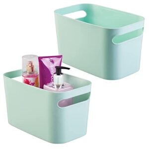mdesign deep plastic bathroom bin with handles, storage organizer for vanity countertop, hold soap, body wash, shampoo, lotion, conditioner, hand towels - 10" long, aura collection, 2 pack, mint green