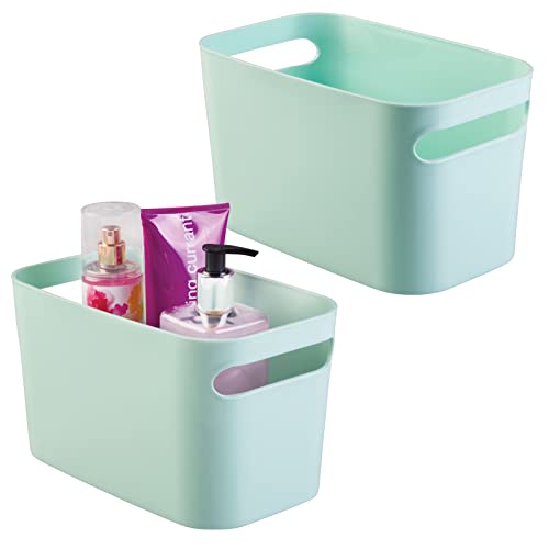 mDesign Deep Plastic Bathroom Bin with Handles, Storage Organizer for Vanity Countertop, Hold Soap, Body Wash, Shampoo, Lotion, Conditioner, Hand Towels - 10" Long, Aura Collection, 2 Pack, Mint Green