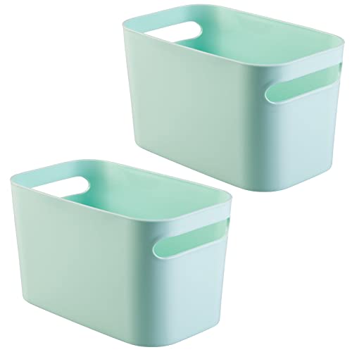 mDesign Deep Plastic Bathroom Bin with Handles, Storage Organizer for Vanity Countertop, Hold Soap, Body Wash, Shampoo, Lotion, Conditioner, Hand Towels - 10" Long, Aura Collection, 2 Pack, Mint Green