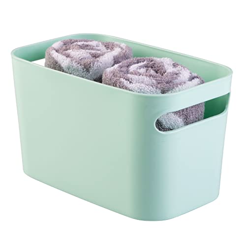 mDesign Deep Plastic Bathroom Bin with Handles, Storage Organizer for Vanity Countertop, Hold Soap, Body Wash, Shampoo, Lotion, Conditioner, Hand Towels - 10" Long, Aura Collection, 2 Pack, Mint Green