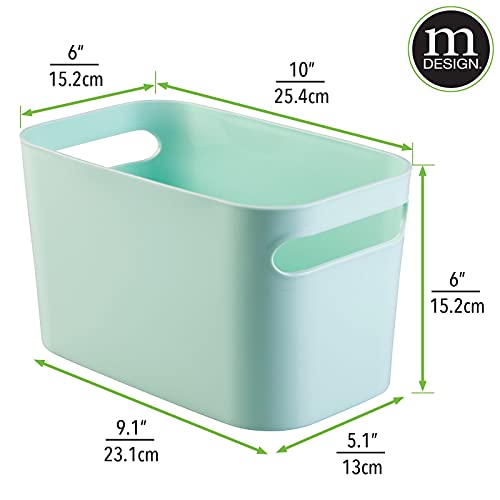 mDesign Deep Plastic Bathroom Bin with Handles, Storage Organizer for Vanity Countertop, Hold Soap, Body Wash, Shampoo, Lotion, Conditioner, Hand Towels - 10" Long, Aura Collection, 2 Pack, Mint Green