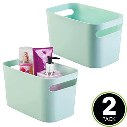 mDesign Deep Plastic Bathroom Bin with Handles, Storage Organizer for Vanity Countertop, Hold Soap, Body Wash, Shampoo, Lotion, Conditioner, Hand Towels - 10" Long, Aura Collection, 2 Pack, Mint Green