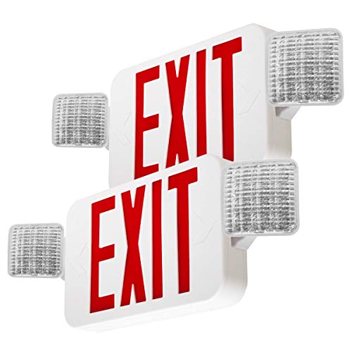 LFI Lights | Combo Red Exit Sign with Emergency Lights | White Housing | All LED | Two Adjustable Square Heads | Hardwired with Battery Backup | UL Listed | (2 Pack) | COMBO2-R