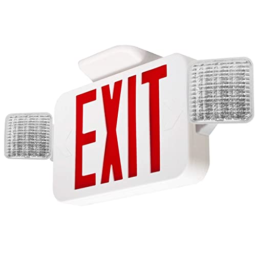 LFI Lights | Combo Red Exit Sign with Emergency Lights | White Housing | All LED | Two Adjustable Square Heads | Hardwired with Battery Backup | UL Listed | (2 Pack) | COMBO2-R