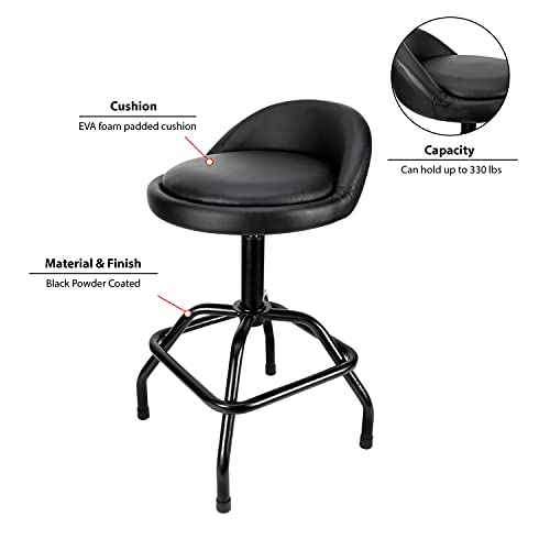 Performance Tool W85011 Adjustable Height Bar Stool, Pneumatic Swivel Bar Stool with Back Support, 360 Degree Swivel, Heavy Duty Steel Frame Stool Perfect for Home, Bar and Shop, Black