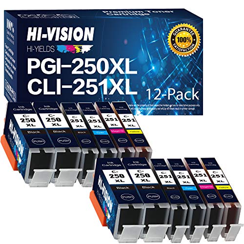 HI-Vision 12 PK Compatible PGI-250XL PGI 250 CLI-251XL CLI 251 HY Ink Cartridge Replacement 4 Lg Black,2X(Black,Cyan,Yellow,Magenta) for PIXMA MG6320,MG5420,iP7220,MX922,MX722