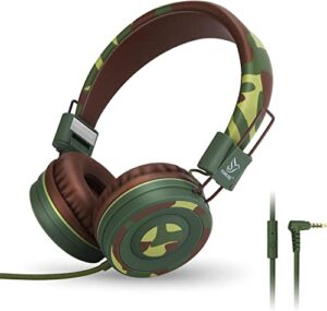 yomuse c89 kids headphones, wired headphone with microphone, on ear headphone with adjustable, foldable headphones for school travel children girls boys adults (camo green)