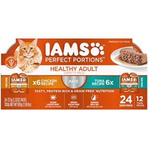 iams perfect portions healthy adult grain free* wet cat food pate variety pack, chicken recipe and tuna recipe, (12) 2.6 oz. easy peel twin-pack trays