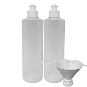 2 pack refillable 16 ounce hdpe squeeze bottles with push/pull button top dispenser caps-great for lotions, shampoos, conditioners and massage oils from earth's essentials (white cap)