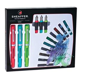 sheaffer viewpoint calligraphy maxi kit: 3 fountain pens with 3 nibs, 20 assorted ink cartridges, instructions, and tracing pad